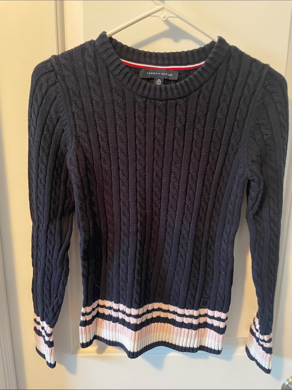 Tommy Hilfiger Navy Cable-Knit Crew Sweater with White and Pink Stripe Trim XS